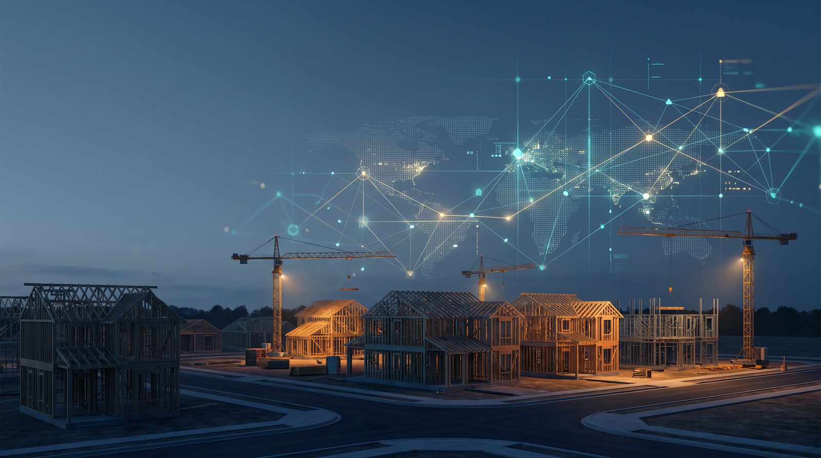Editorial illustration of new-home construction with cranes and a digital real-estate data network.