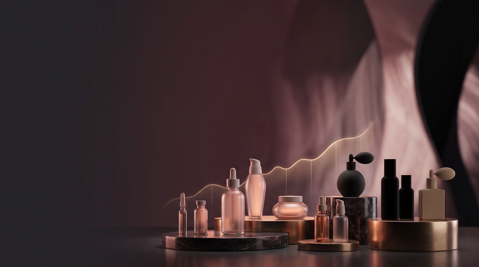 Editorial illustration of unbranded prestige-beauty bottles and fragrance silhouettes with a rising business chart.