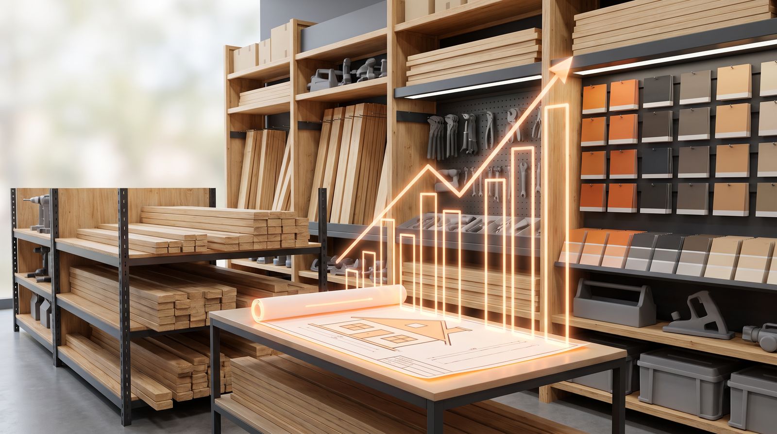 Editorial illustration of a home-improvement retail aisle with lumber, tools and business-growth graphics.