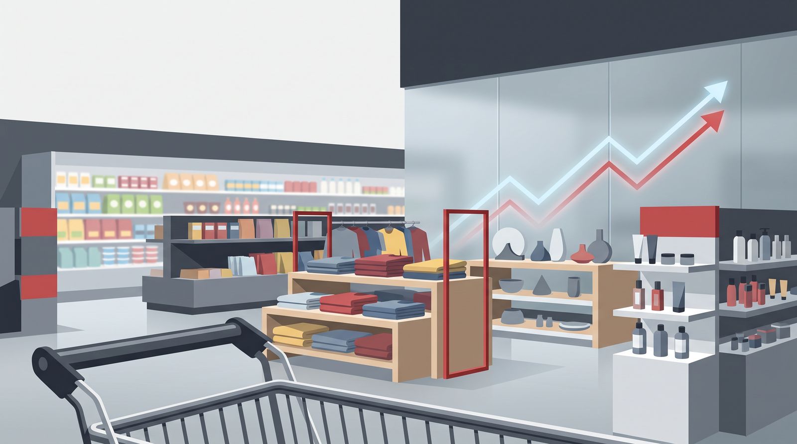 Editorial illustration of a modern general-merchandise store interior with retail analytics graphics.