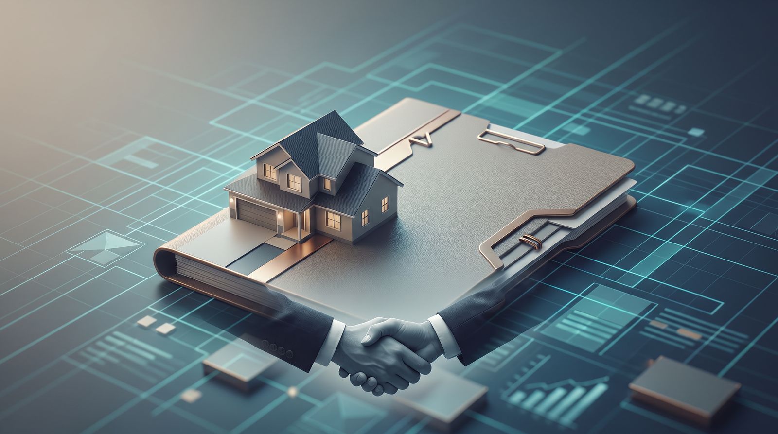Editorial illustration of a suburban home, a mortgage file and a business handshake.