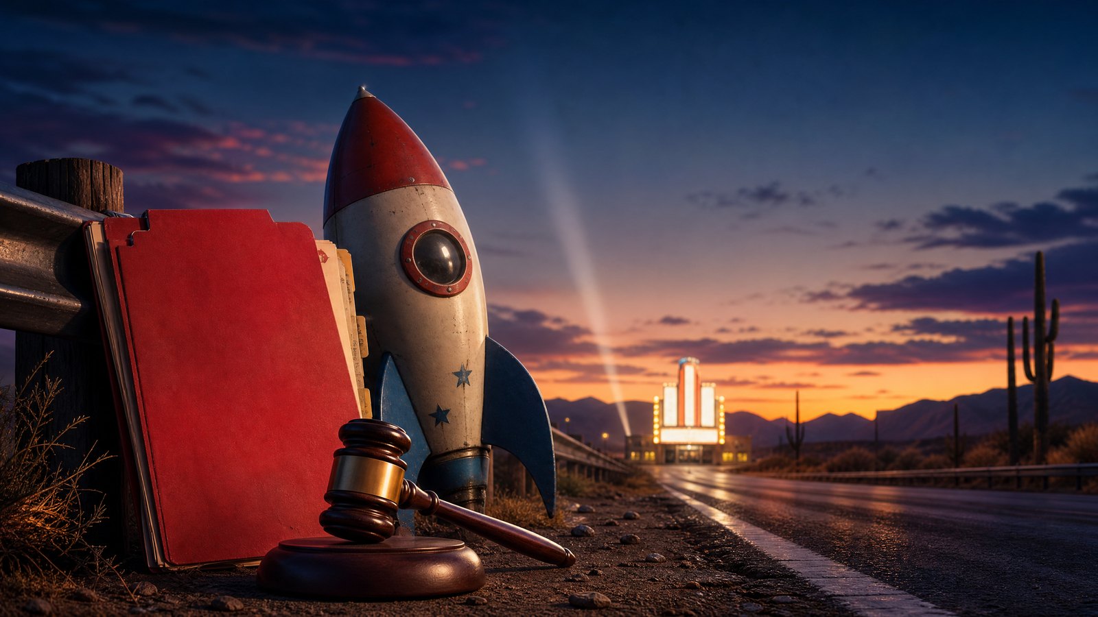Editorial illustration of a theatrical comeback story, with a desert highway, courtroom file and generic rocket prop