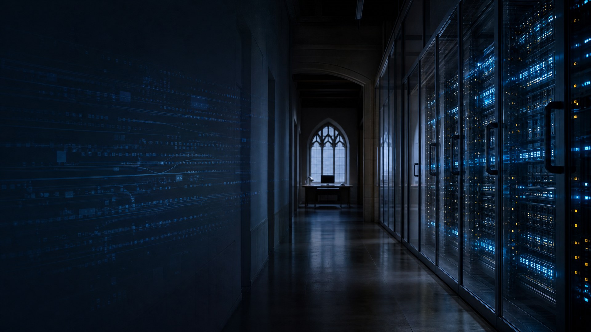 Editorial illustration of a university research corridor with servers and abstract cyber data