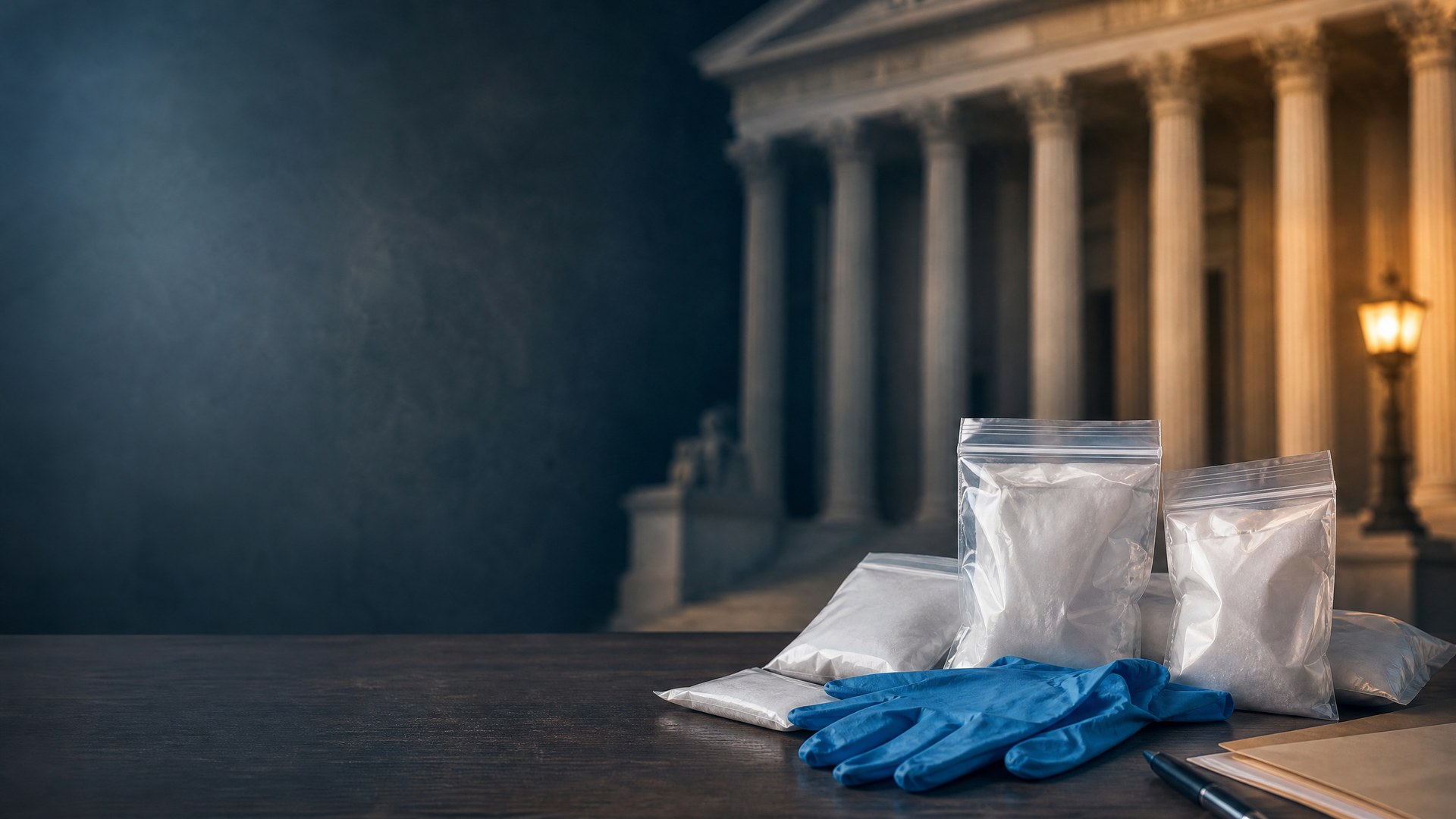 Editorial illustration of law-enforcement evidence bags and pill containers on a neutral investigative desk
