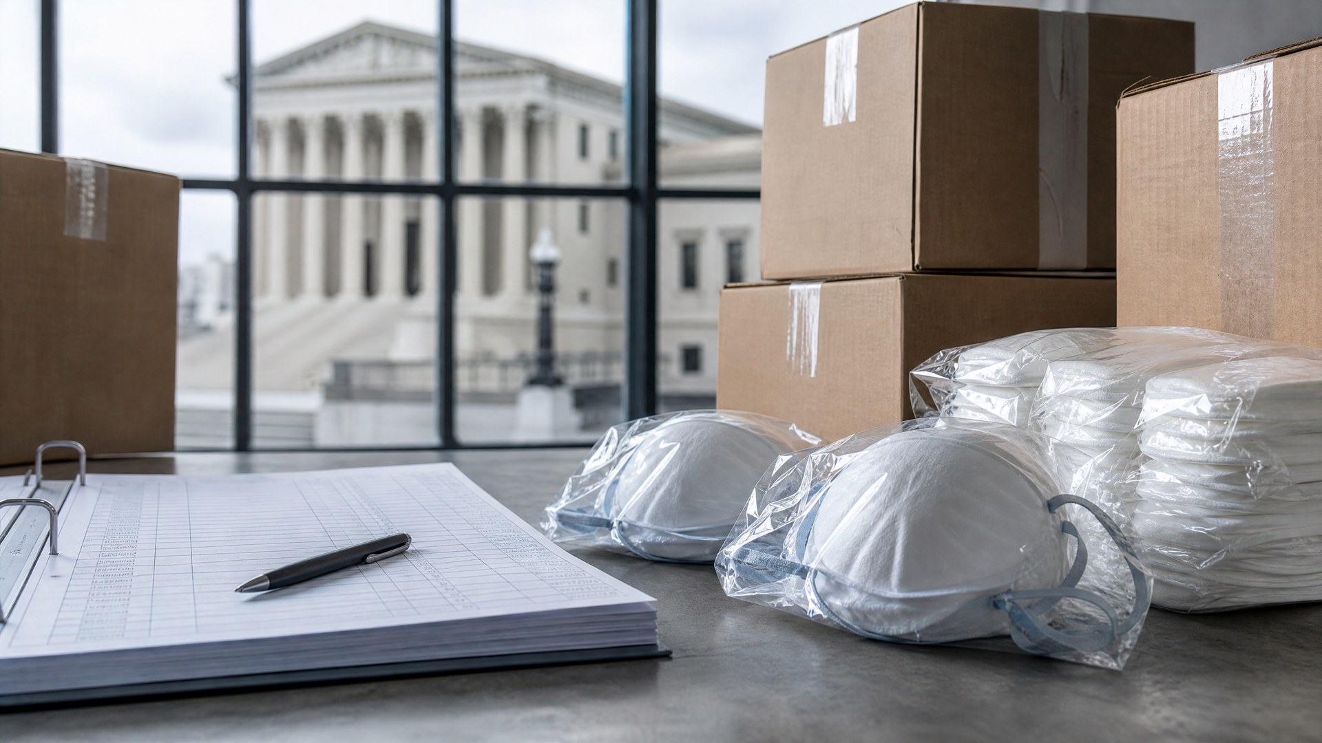 Editorial illustration of personal protective equipment boxes and financial records on a desk