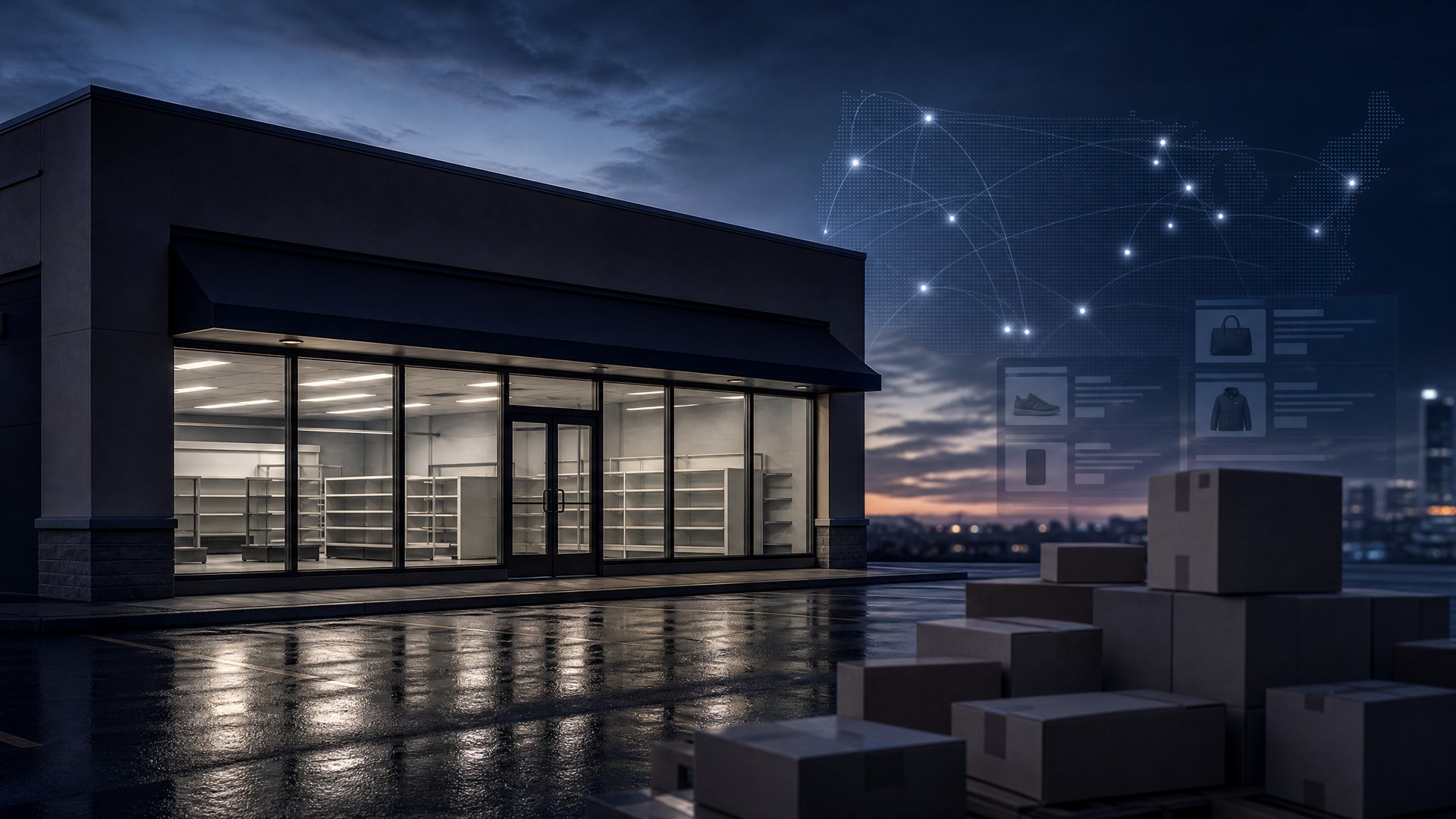Editorial illustration of a retail storefront, shipping boxes, and connected regional routes