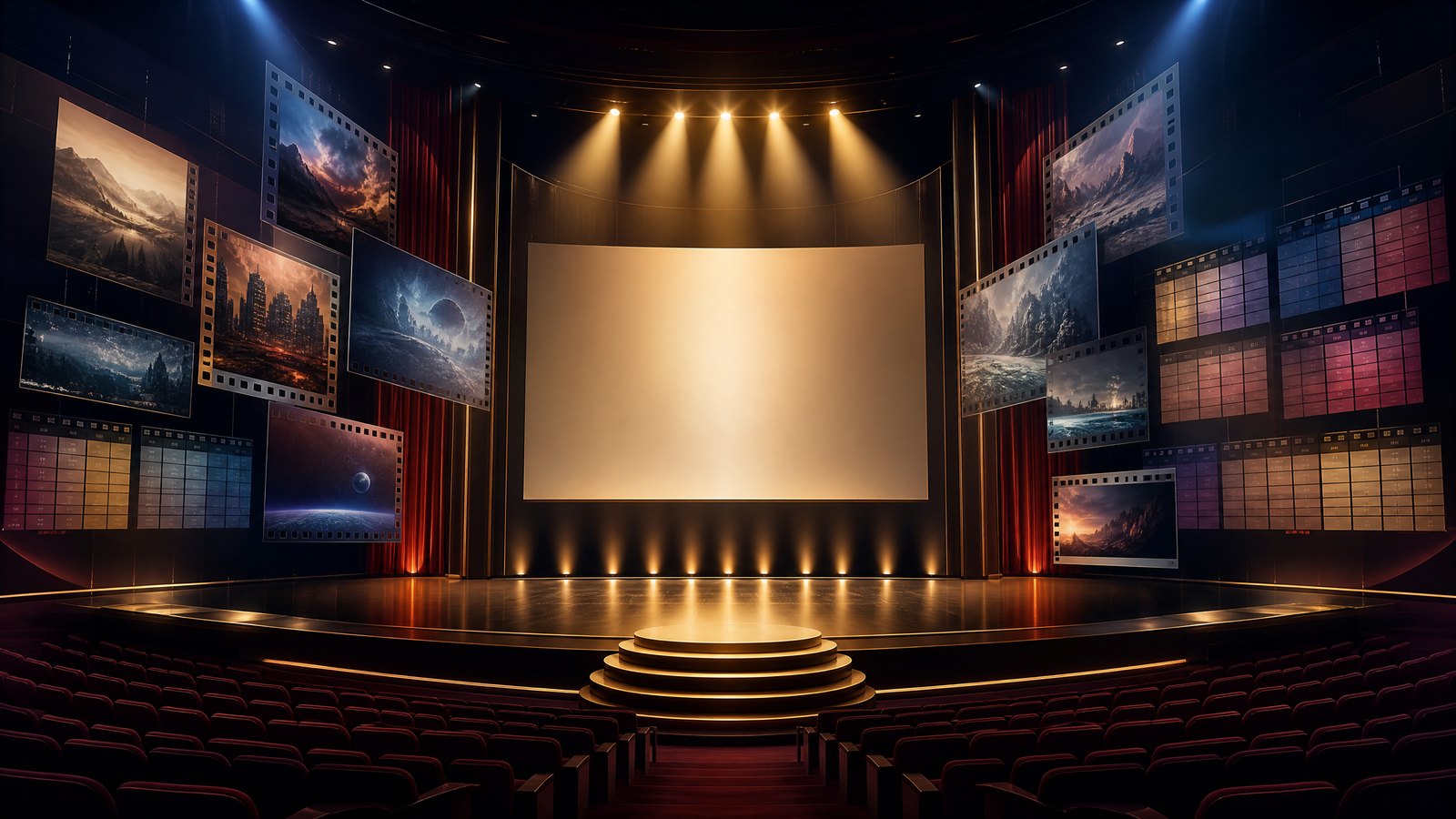 Editorial illustration of a theater stage with spotlights, film frames, and abstract release-calendar panels