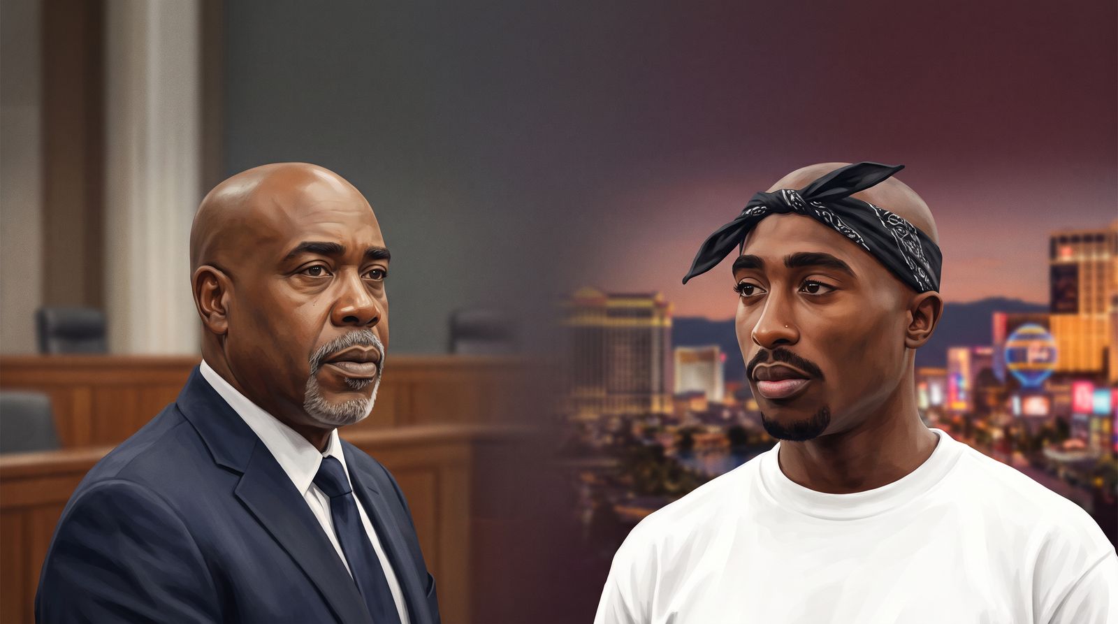 Editorial illustration showing Duane “Keefe D” Davis in a courtroom-style portrait beside a separate portrait of Tupac Shakur; not a real photograph of them together.
