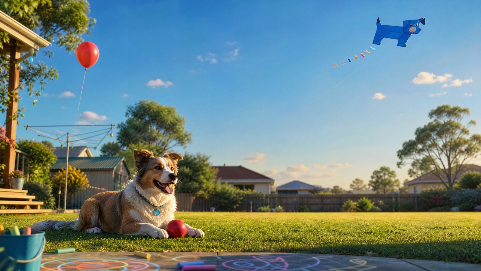 Editorial illustration of sunny Australian backyard with a red balloon and a blue dog-shaped kite