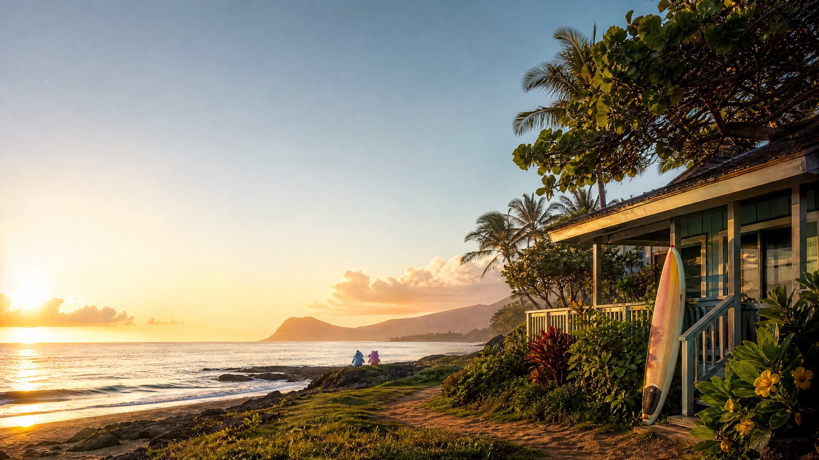 Editorial illustration of Hawaiian coastline with a surfboard outside a beach house