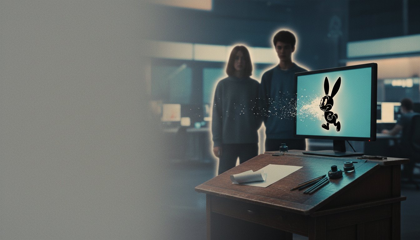 Editorial illustration of vintage animation desk and rabbit sketch on a modern studio monitor
