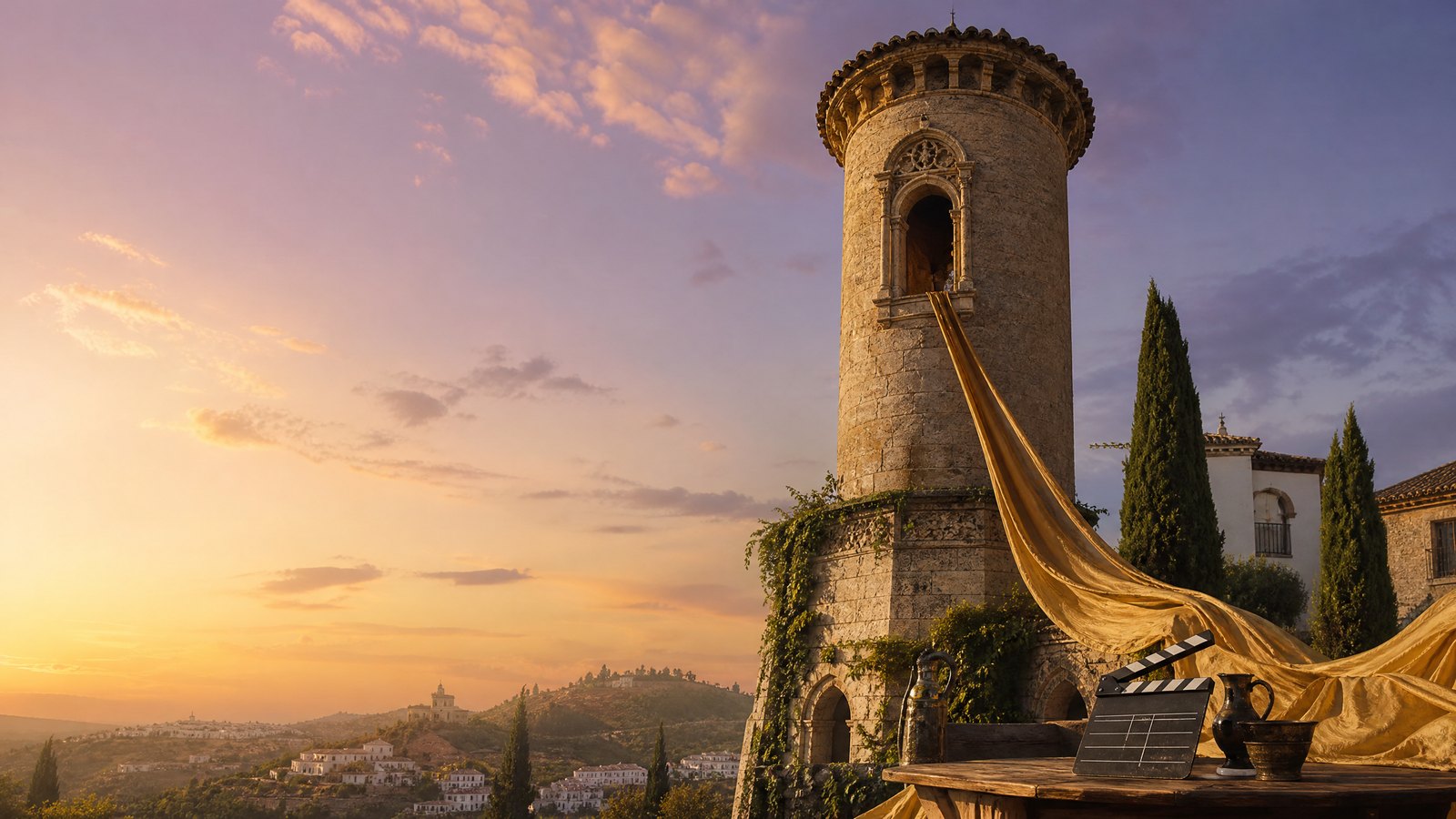 Editorial illustration of stone fairy-tale tower with golden fabric and a film clapperboard