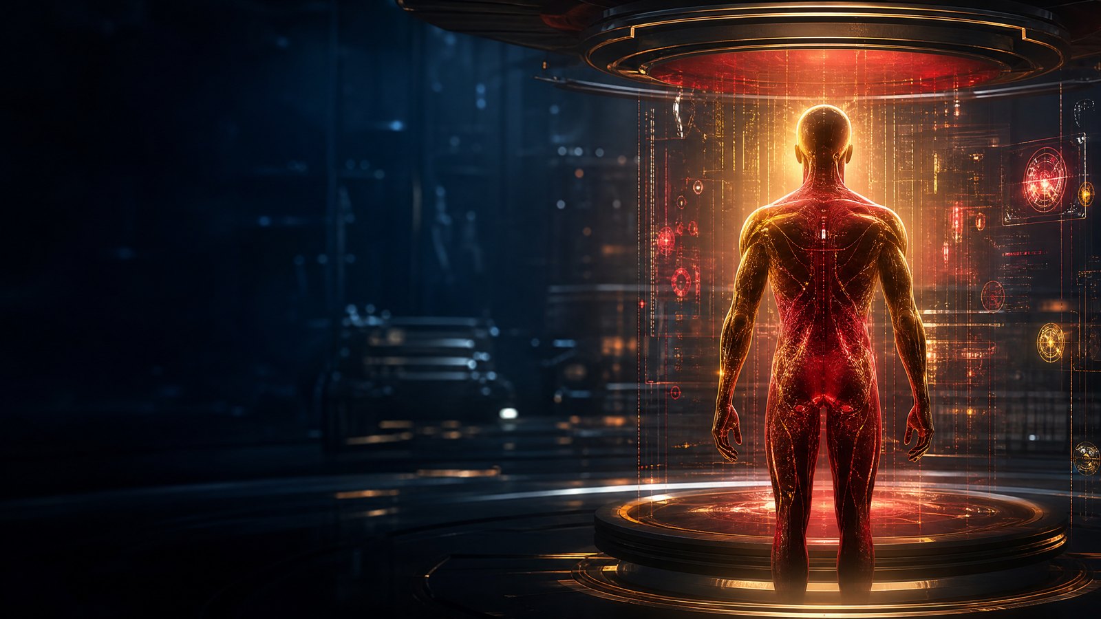 Editorial illustration of abstract futuristic laboratory with a red and gold humanoid silhouette