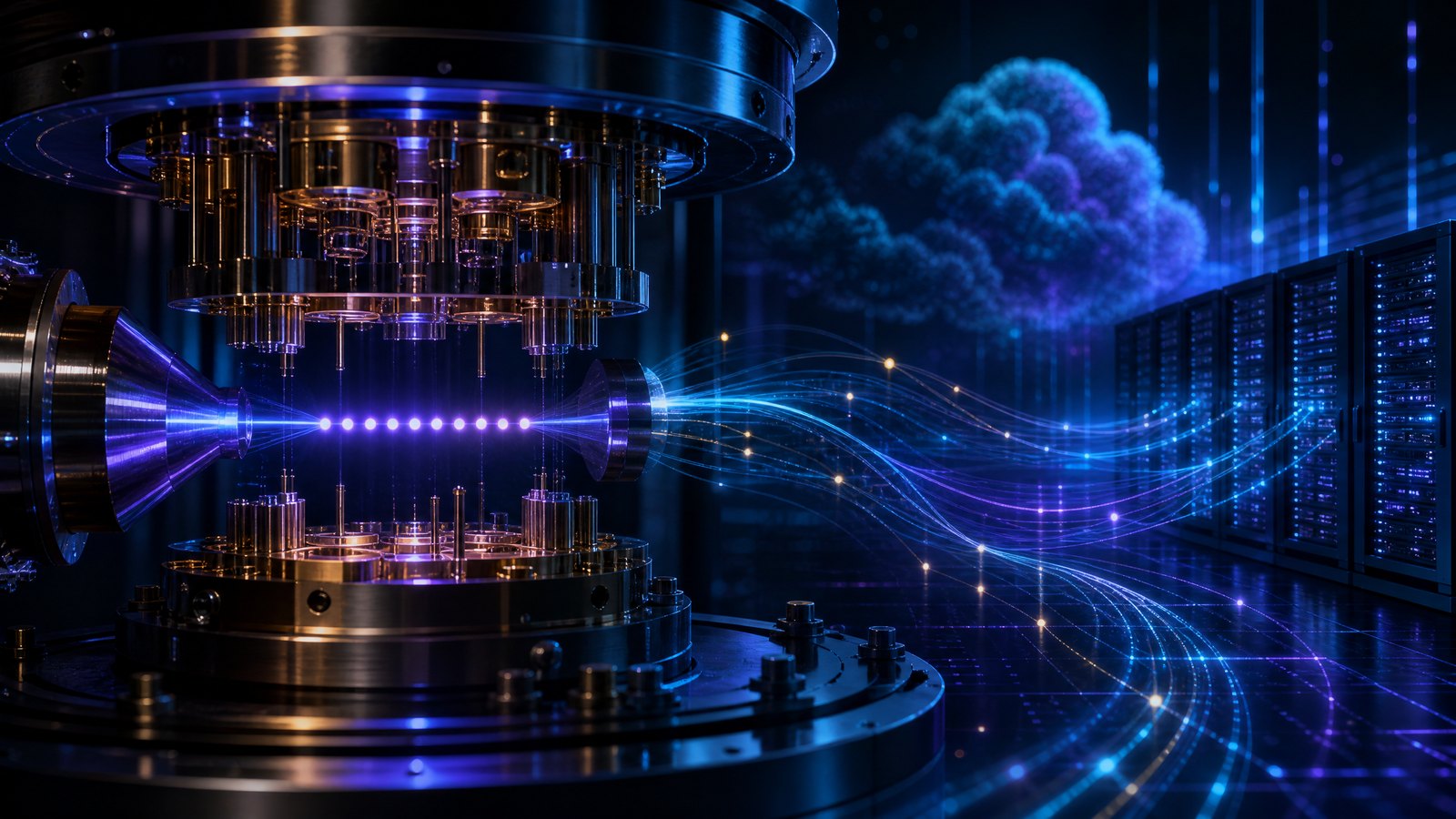 Editorial illustration of trapped-ion quantum hardware connected to cloud computing and data-center systems