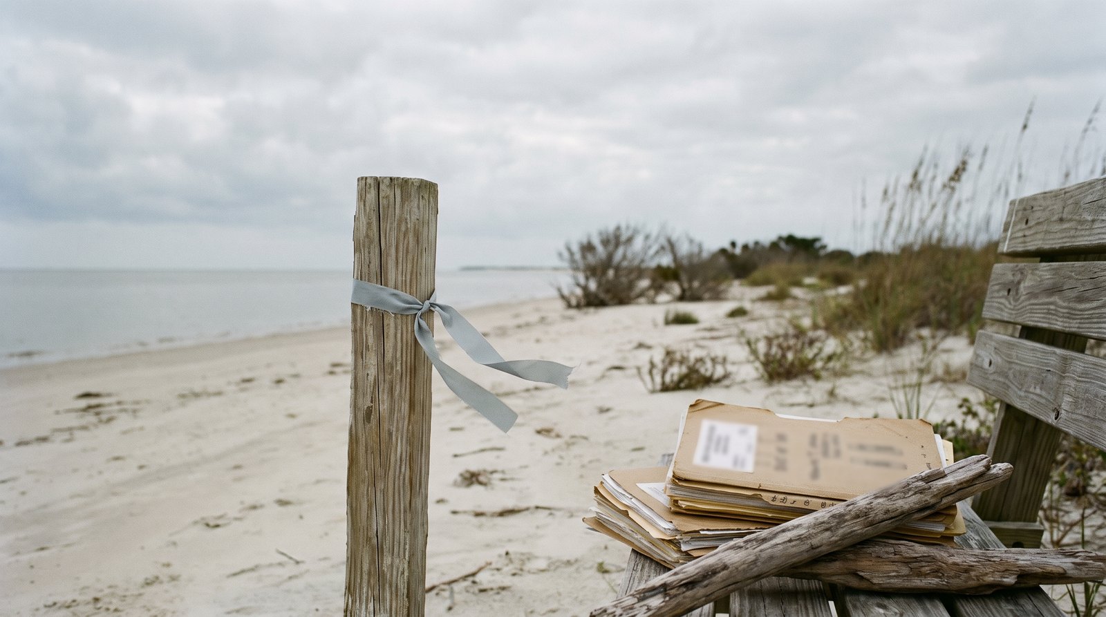Editorial illustration of a quiet Mississippi Gulf Coast shoreline with a memorial ribbon and investigative files