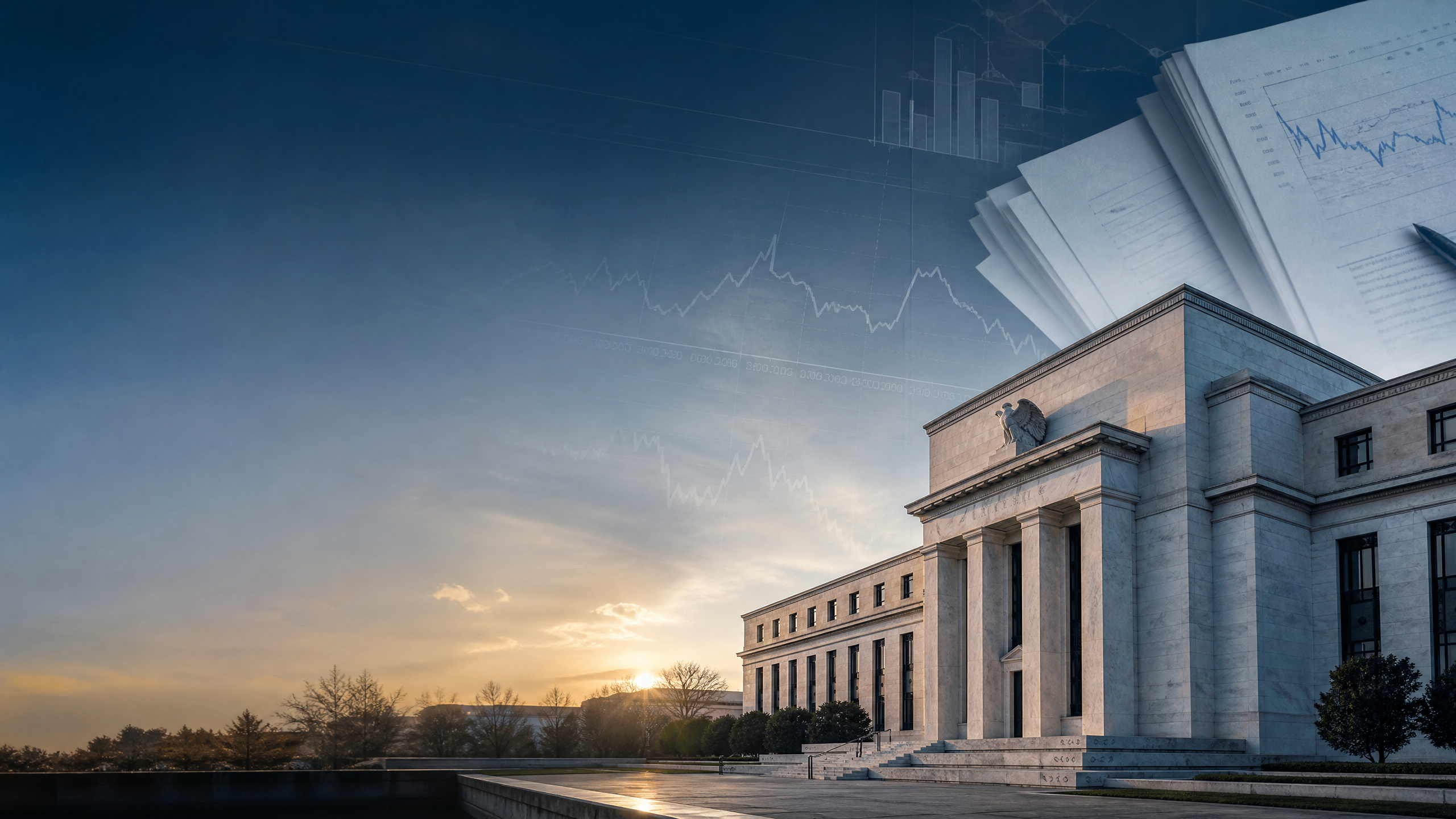 Editorial illustration of Federal Reserve-style government building with meeting notes and abstract charts