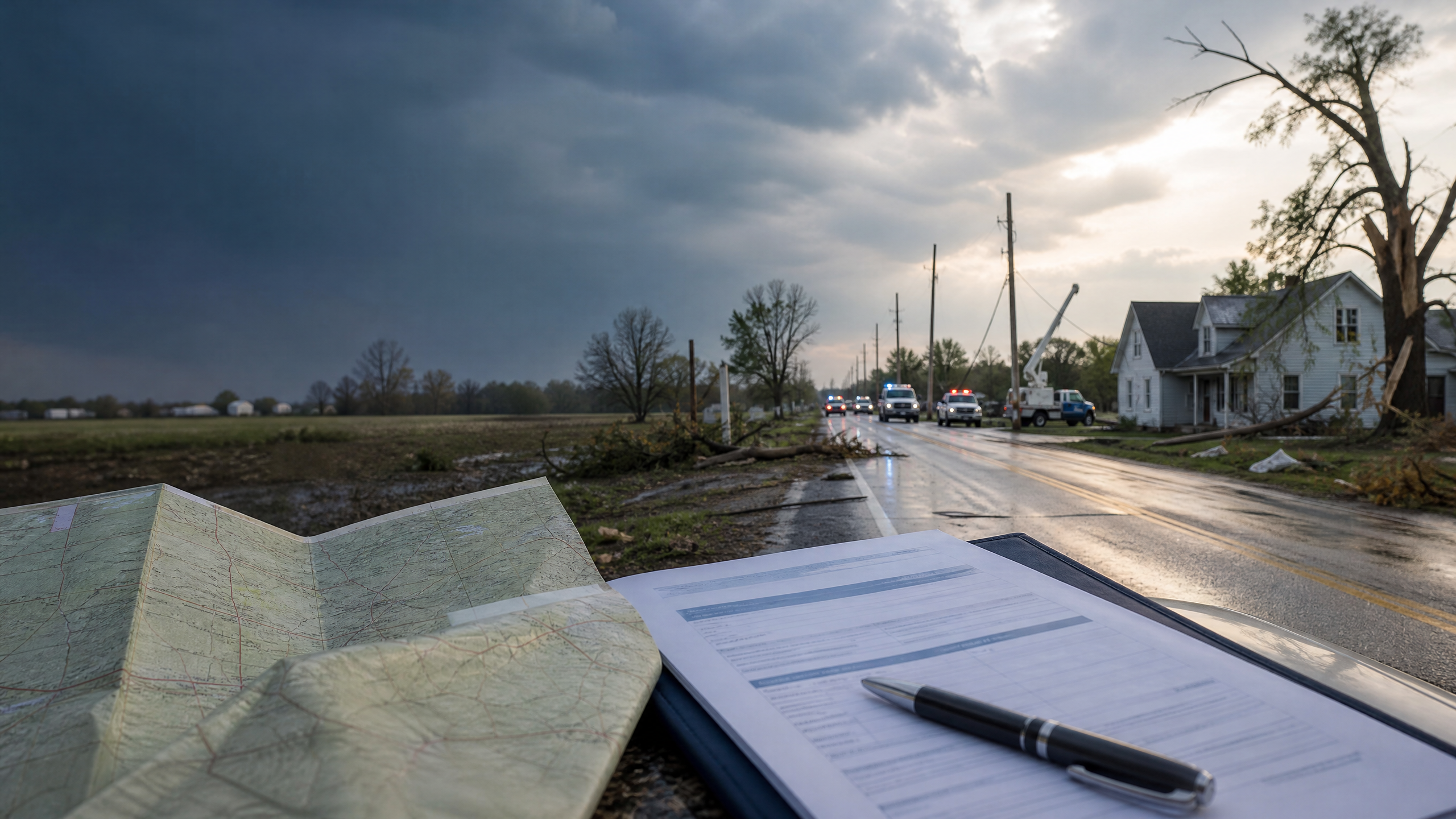 Editorial illustration of storm recovery road with emergency vehicles, map and aid paperwork