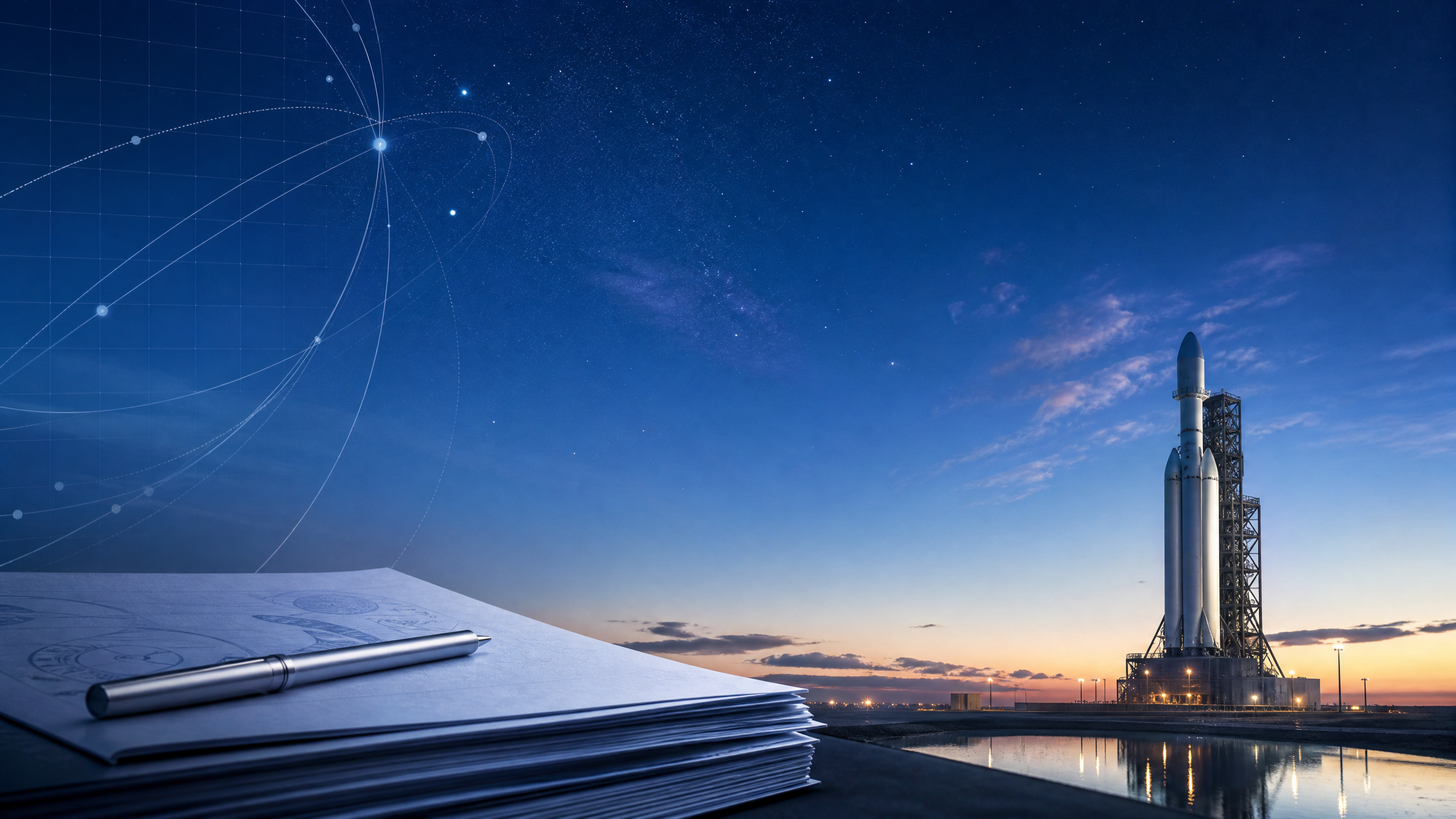 Editorial illustration of launch vehicle and policy document under a starry pre-dawn sky