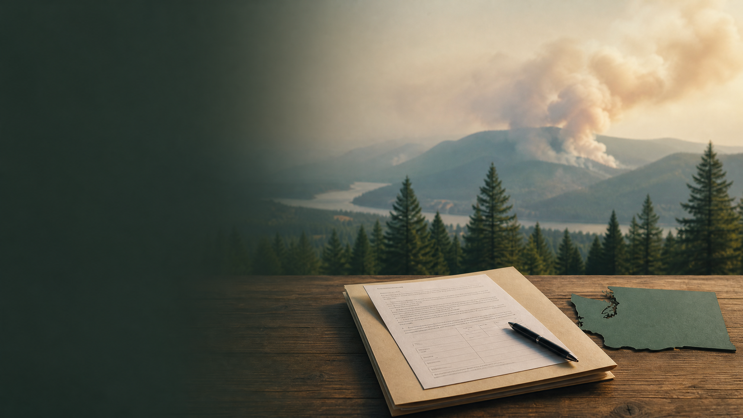 Editorial illustration of Washington wildfire smoke above a taxpayer relief request document