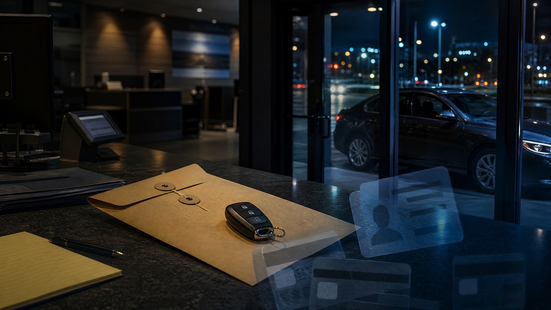Editorial illustration of a rental-car counter, key fob and anonymous identity-document motifs