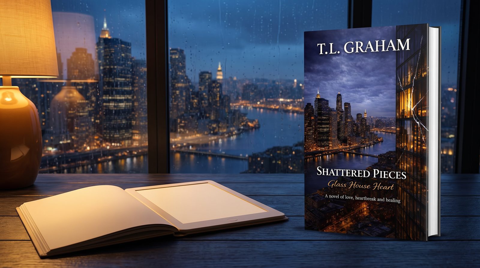 Shattered Pieces: Glass House Heart by T. L. Graham displayed in a nighttime reading scene with a Chicago skyline; promotional product image based on the supplied book cover.