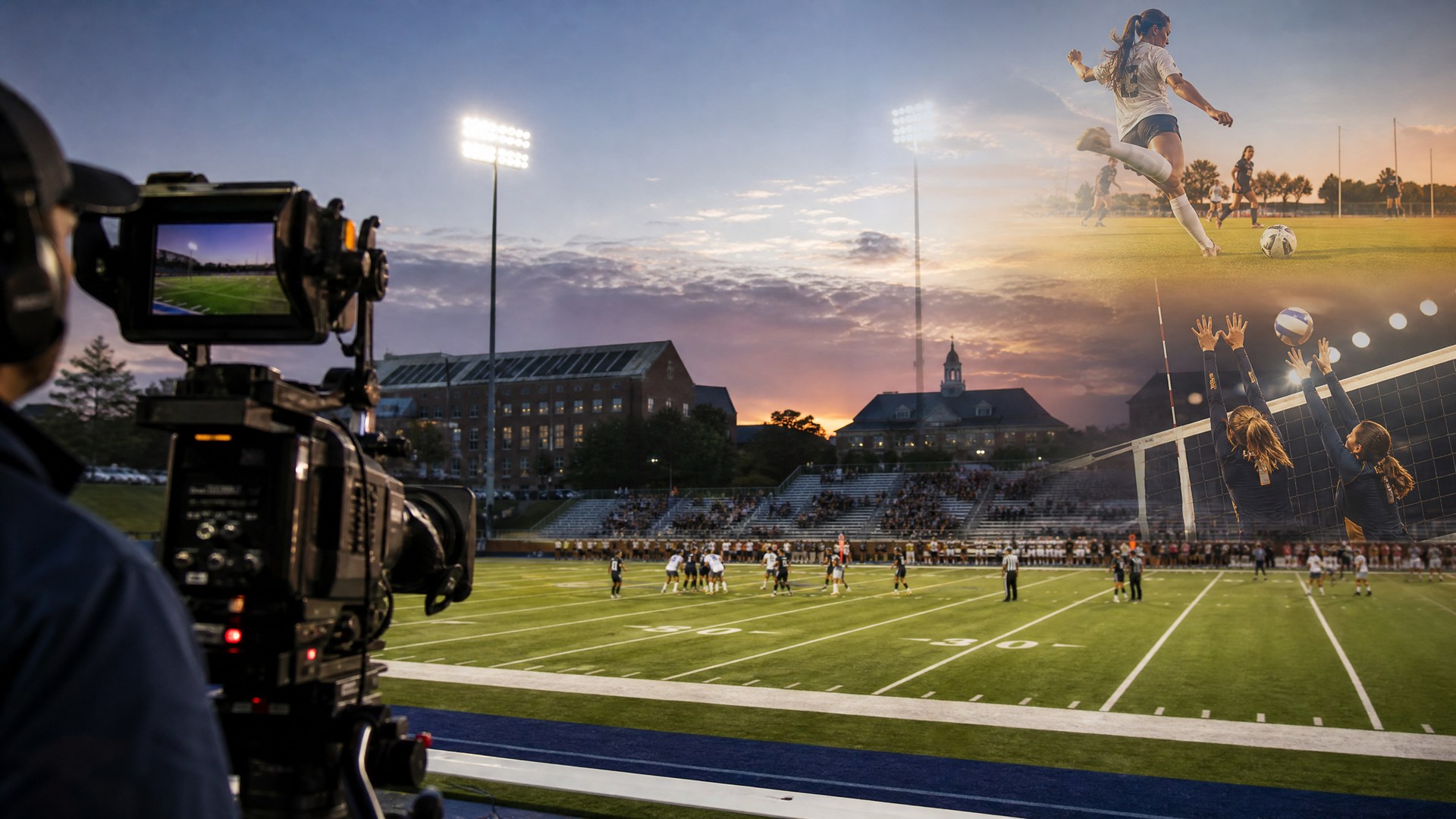 Editorial illustration of a broadcast camera beside a college football field with soccer and volleyball motifs
