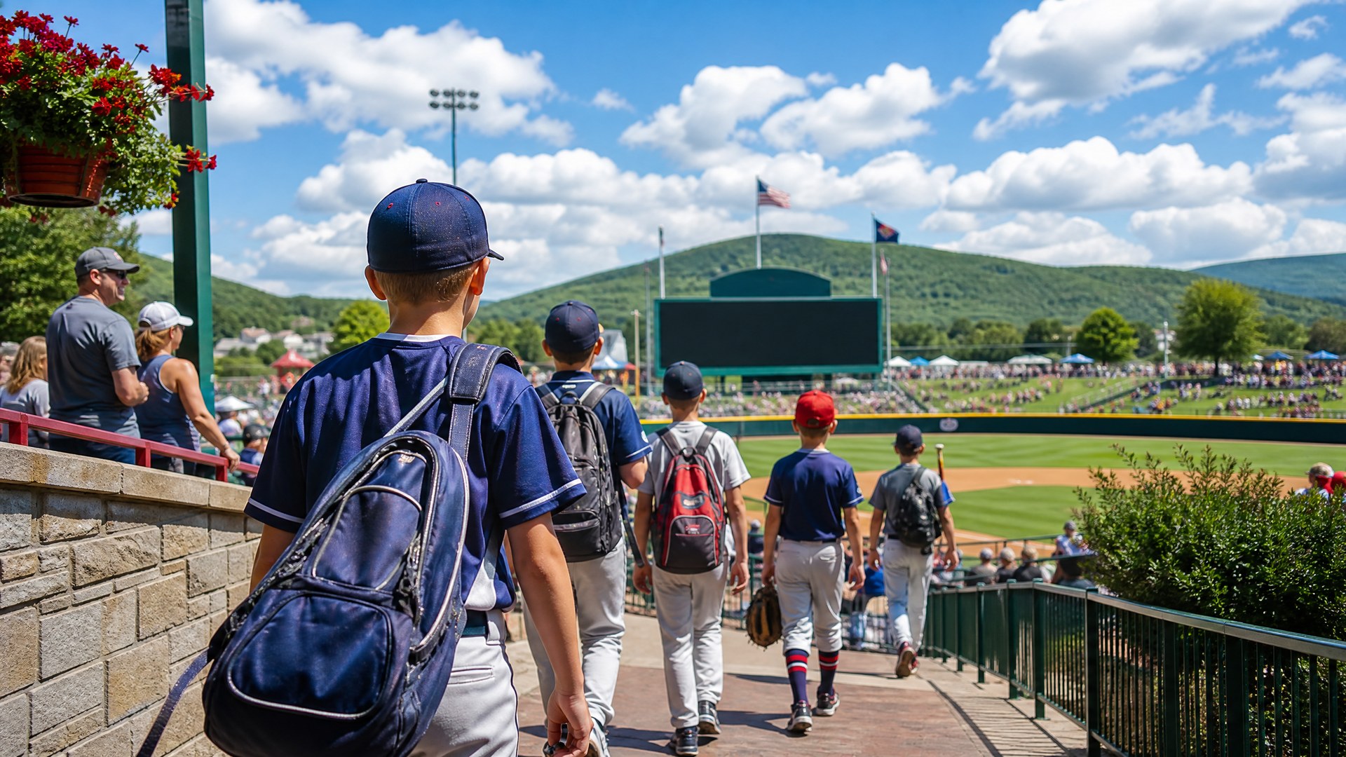 Editorial illustration of youth baseball players walking toward a summer stadium