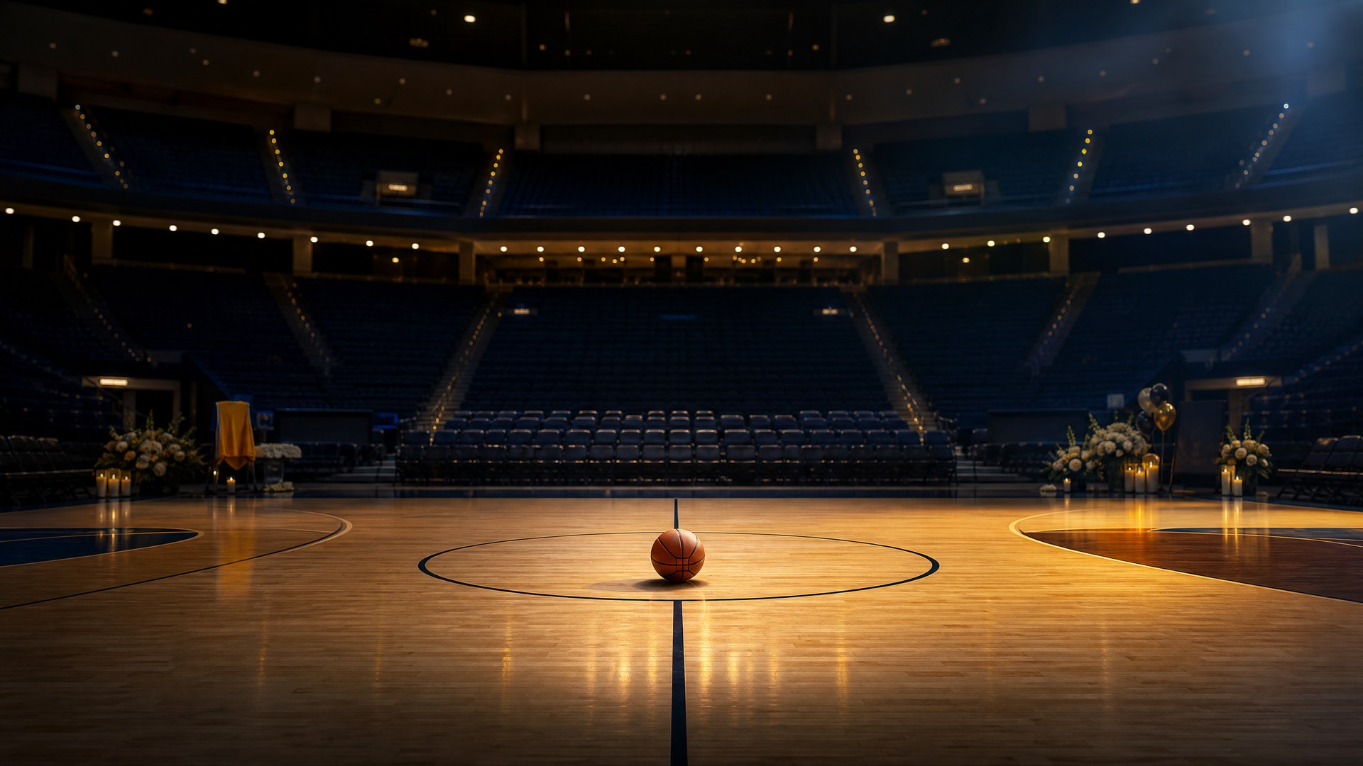 Editorial illustration of an empty basketball court and a single ball under warm arena lights