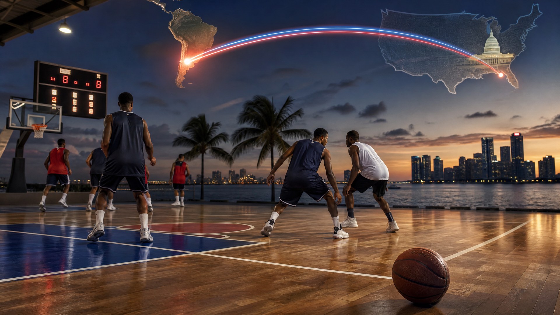 Editorial illustration of a USA basketball training court with travel-route motifs