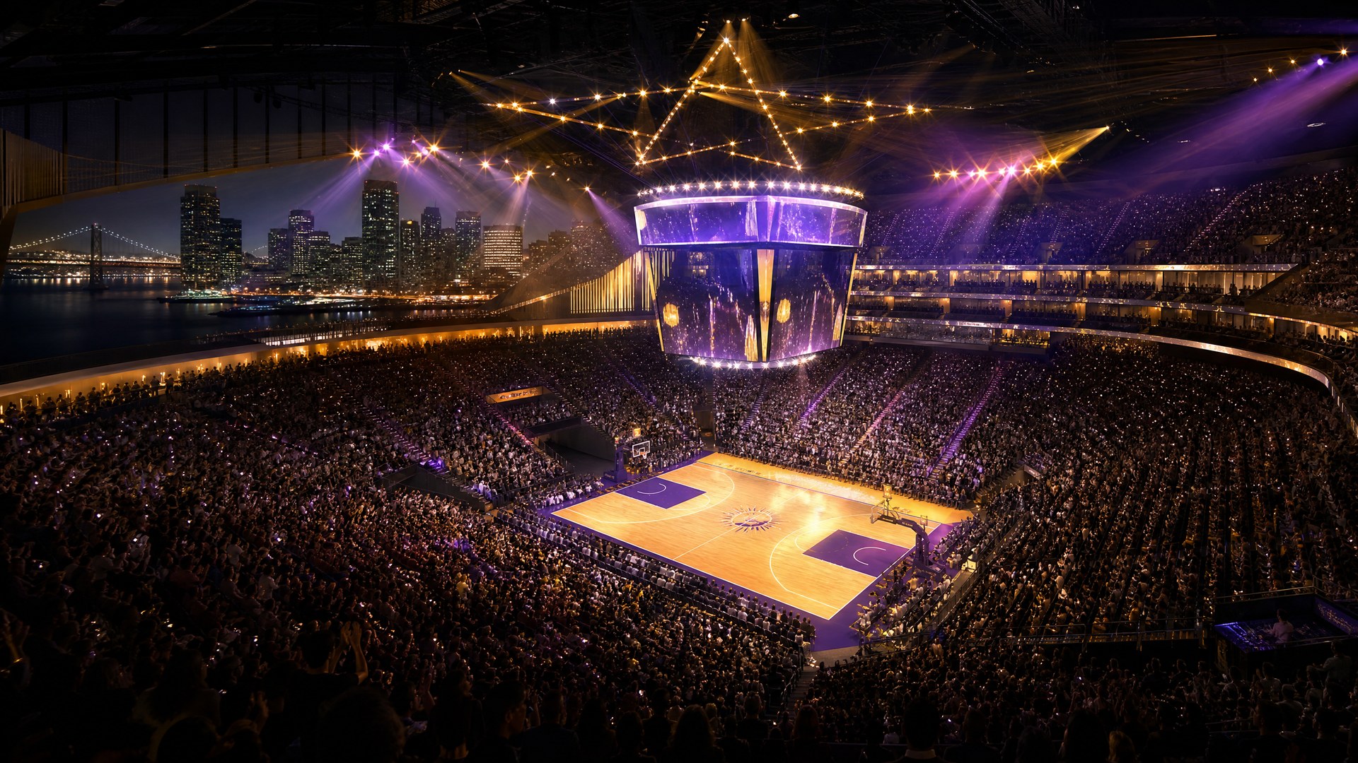 Editorial illustration of a women’s basketball arena with gold and violet lights