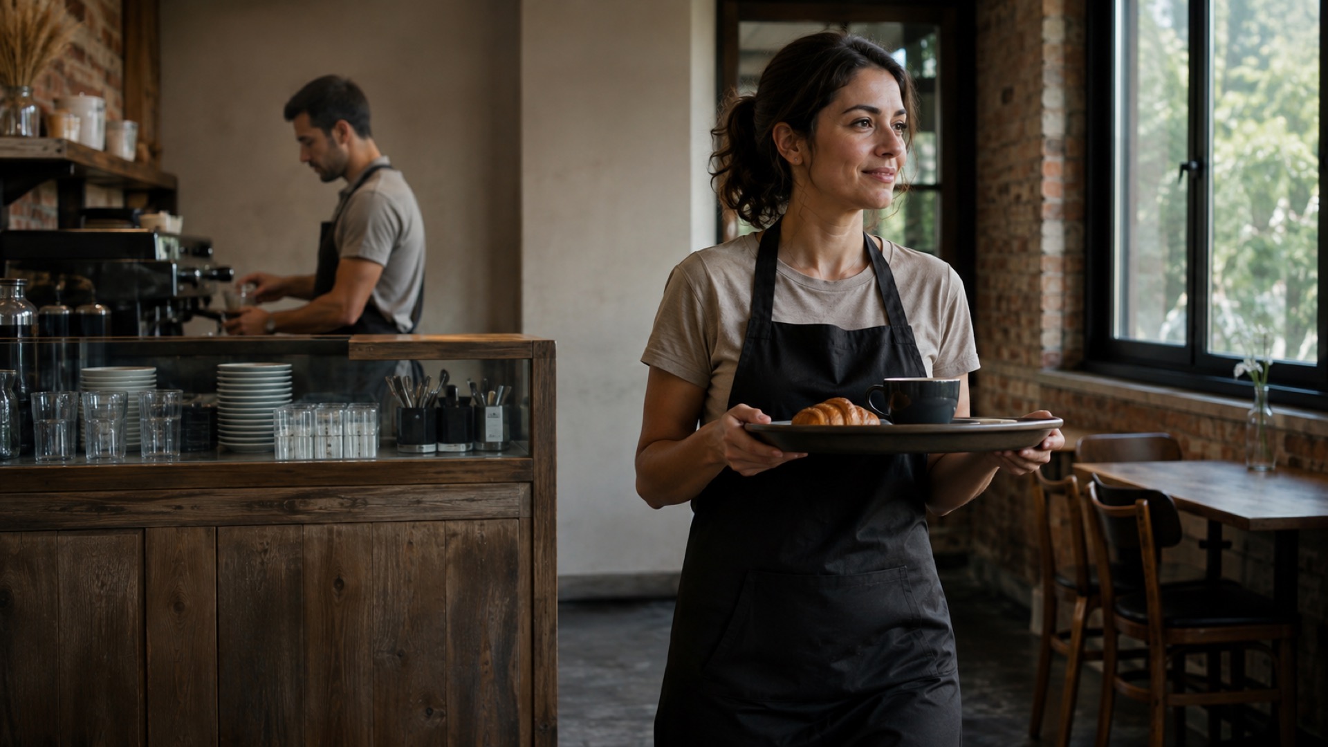 Café server carrying a tray while a coworker prepares drinks behind the counter.